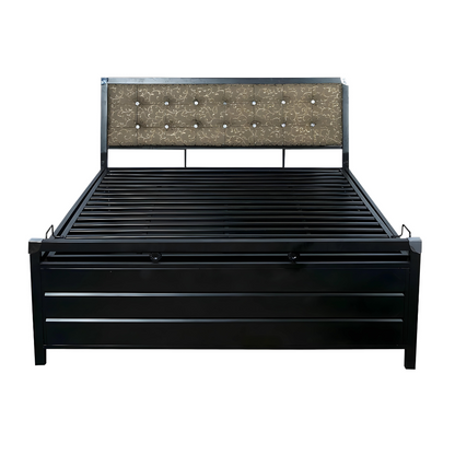 Heath Hydraulic Storage Metal Bed with Textured Grey Cushion Headrest (Color - Black)