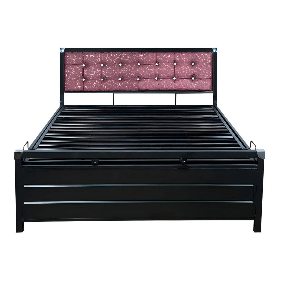 Heath Hydraulic Storage Metal Bed with Textured Cherry Cushion Headrest (Color - Black)