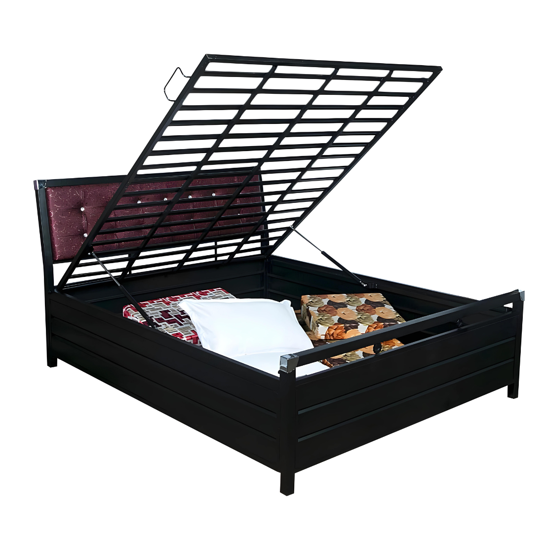 Heath Hydraulic Storage Metal Bed with Textured Cherry Cushion Headrest (Color - Black)