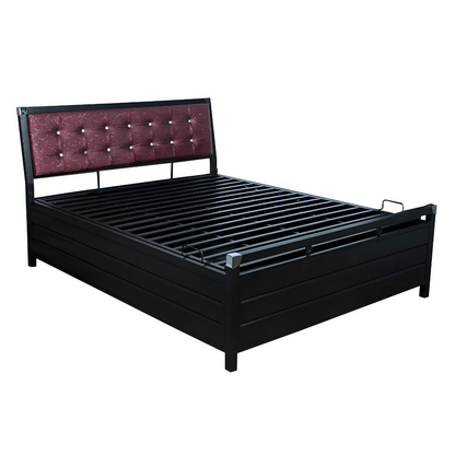 Heath Hydraulic Storage Metal Bed with Textured Cherry Cushion Headrest (Color - Black)