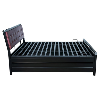 Heath Hydraulic Storage Metal Bed with Textured Cherry Cushion Headrest (Color - Black)