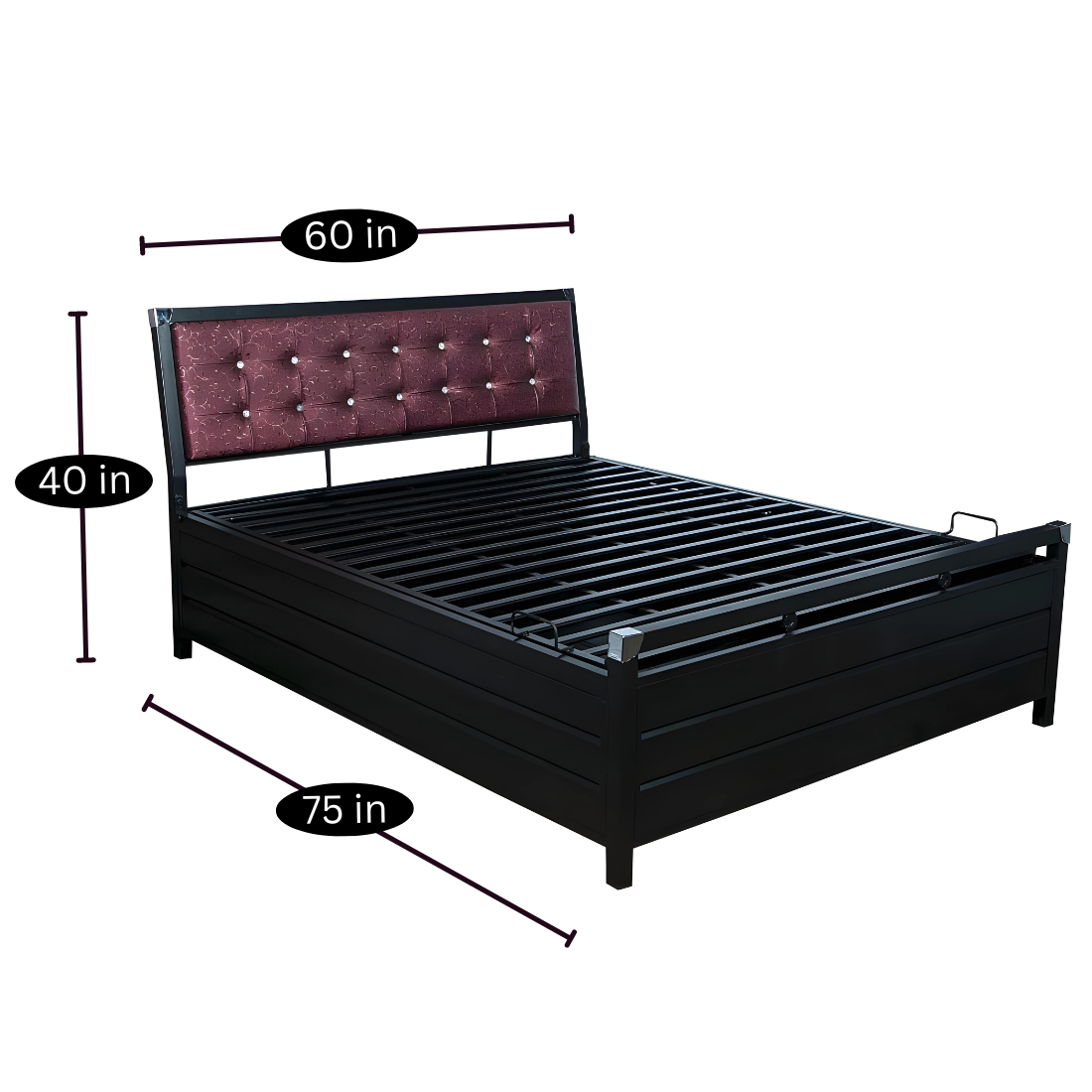 Heath Hydraulic Storage Metal Bed with Textured Cherry Cushion Headrest (Color - Black)