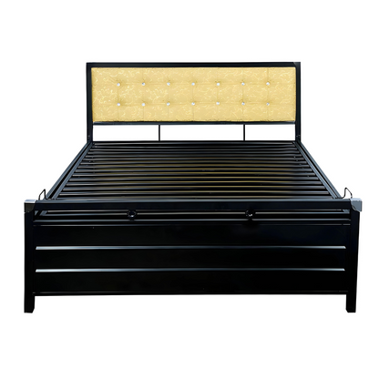 Heath Hydraulic Storage Metal Bed with Textured Yellow Cushion Headrest (Color - Black)