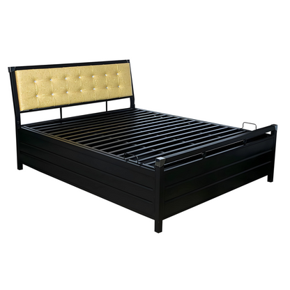 Heath Hydraulic Storage Metal Bed with Textured Yellow Cushion Headrest (Color - Black)