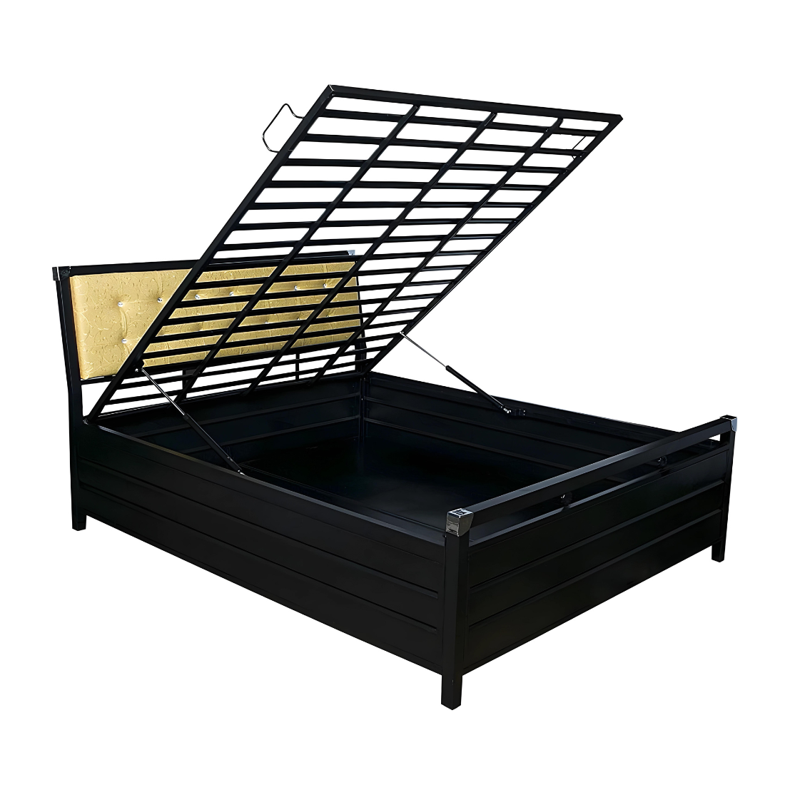 Heath Hydraulic Storage Metal Bed with Textured Yellow Cushion Headrest (Color - Black)