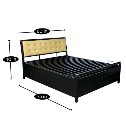 Heath Hydraulic Storage Metal Bed with Textured Yellow Cushion Headrest (Color - Black)