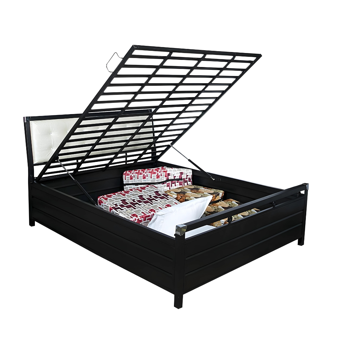 Heath Hydraulic Storage Metal Bed with Textured White Cushion Headrest (Color - Black)