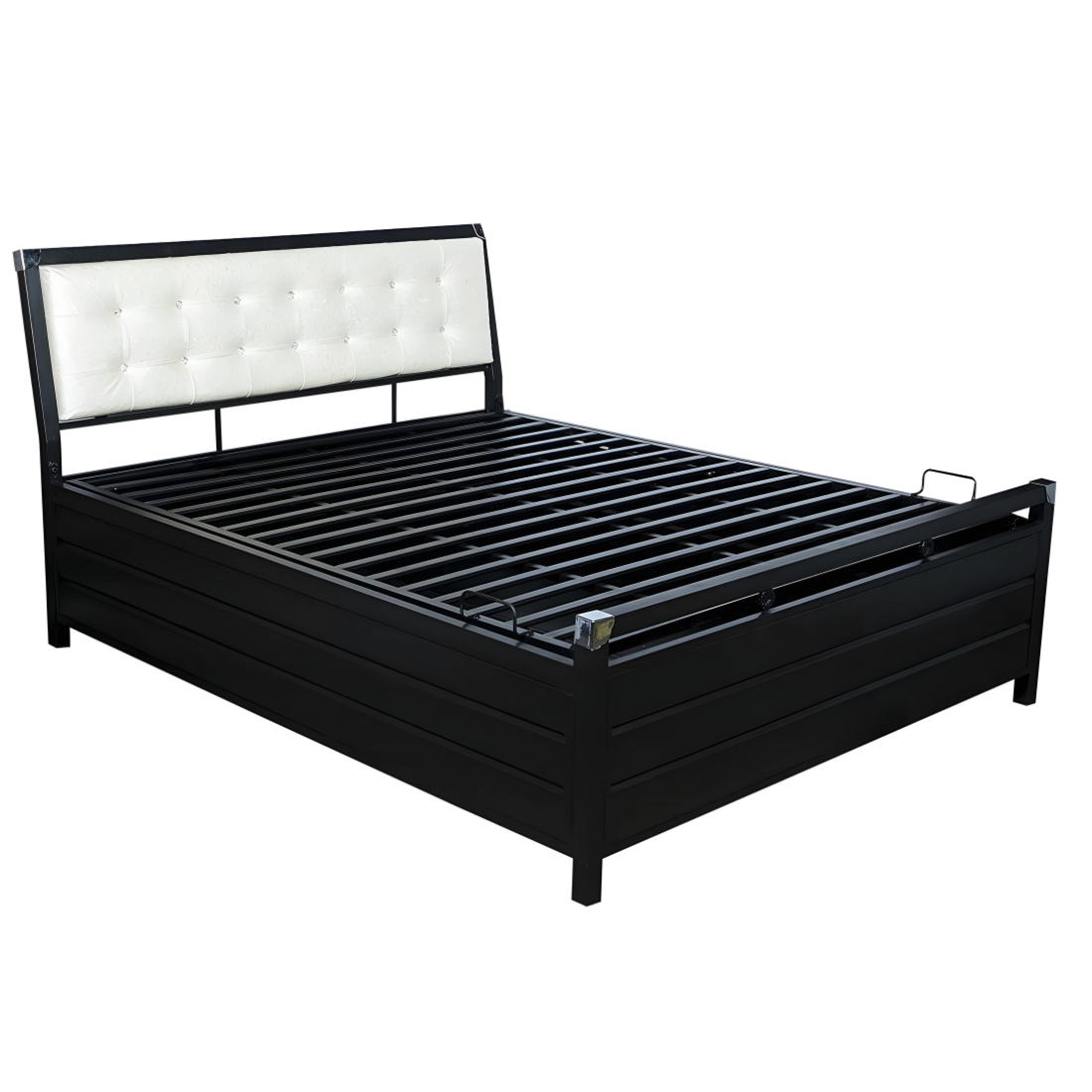 Heath Hydraulic Storage Metal Bed with Textured White Cushion Headrest (Color - Black)