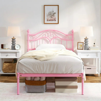 Miles Without Storage Metal Bed with Designer Headrest (Color - Pink)