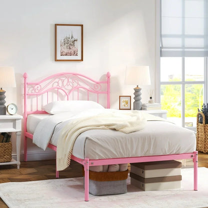 Miles Without Storage Metal Bed with Designer Headrest (Color - Pink)