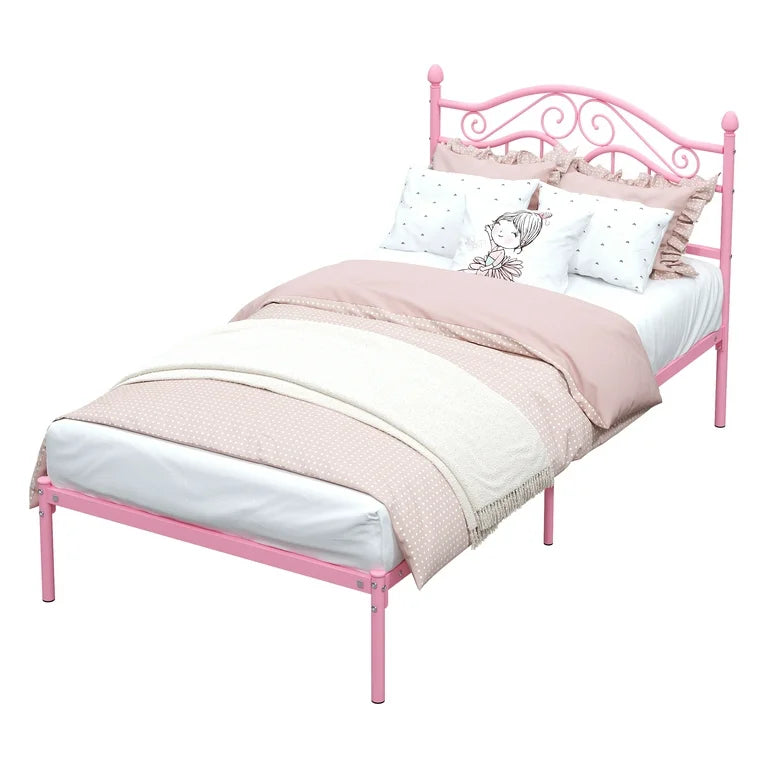 Miles Without Storage Metal Bed with Designer Headrest (Color - Pink)