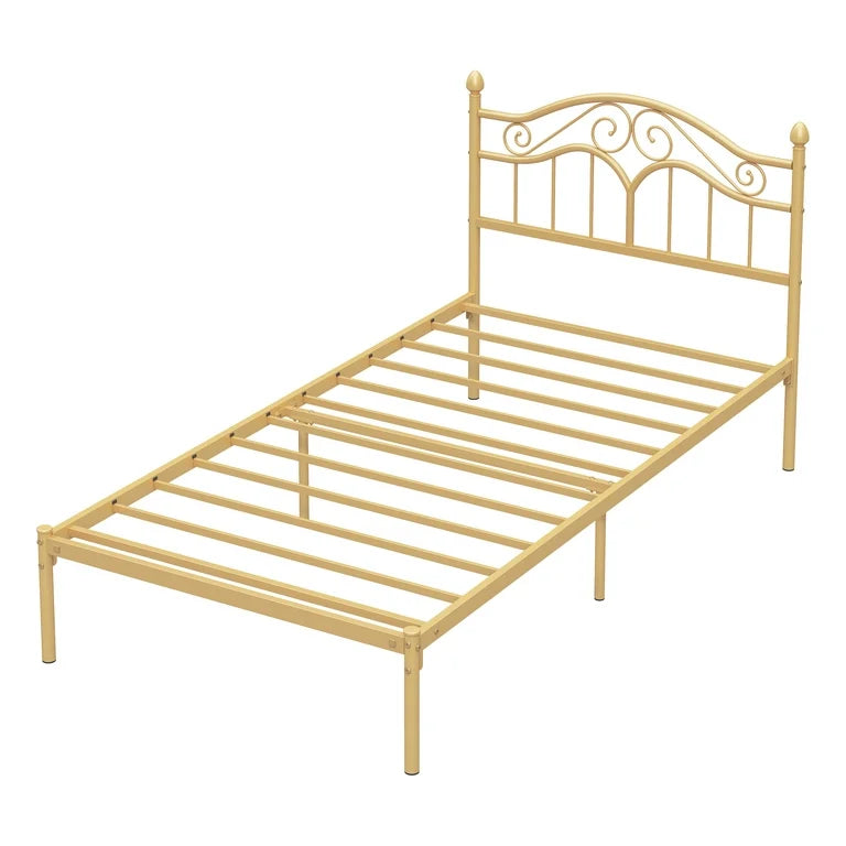 Miles Without Storage Metal Bed with Designer Headrest (Color - Golden)