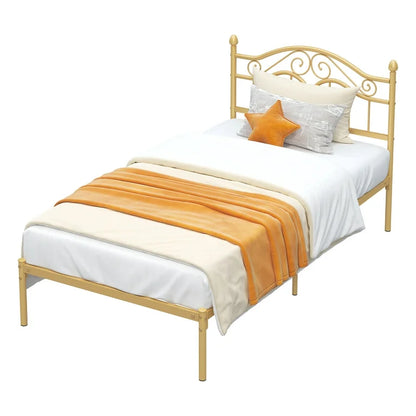 Miles Without Storage Metal Bed with Designer Headrest (Color - Golden)