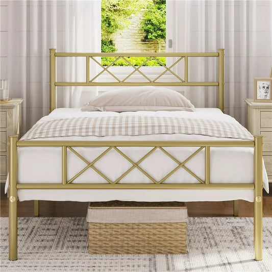 Colulombe Without Storage Metal Bed with Designer Headrest (Color - Golden)