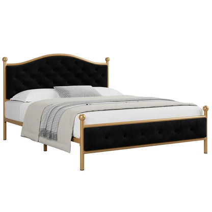 Adalyn Without Storage Metal Bed with Black Designer Cushion Headrest (Color - Golden)