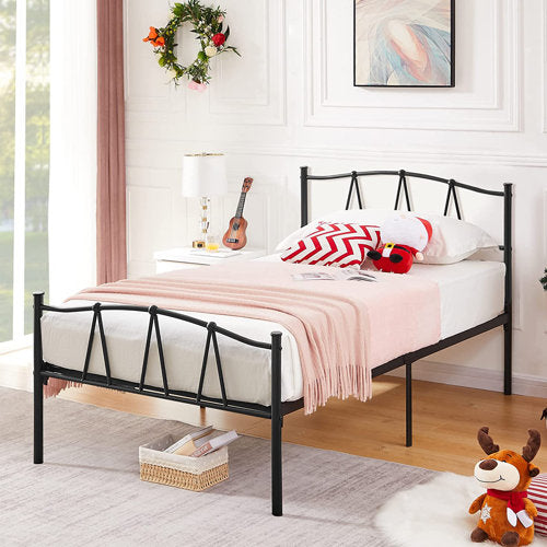 Ellie Without Storage Metal Bed with Designer Headrest (Color - Black)