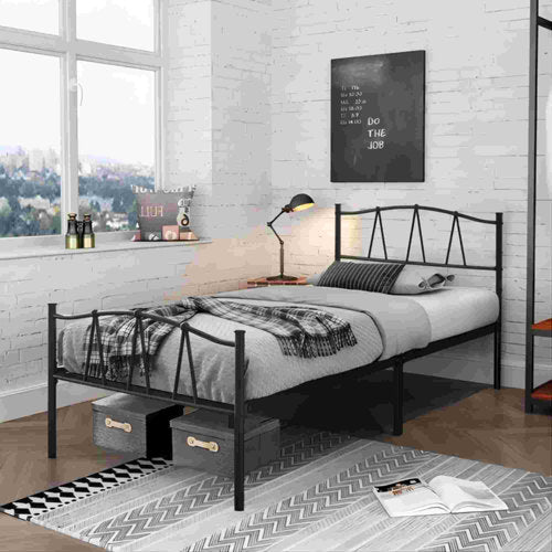 Ellie Without Storage Metal Bed with Designer Headrest (Color - Black)