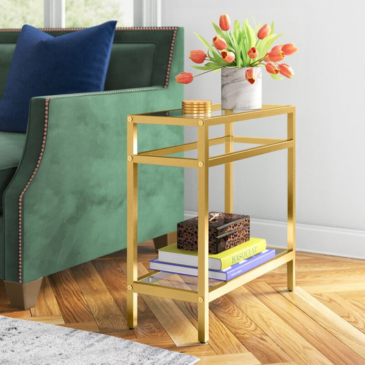 Metal Side Table in Golden Finish and Powder Coating with Glass Top and Bottom