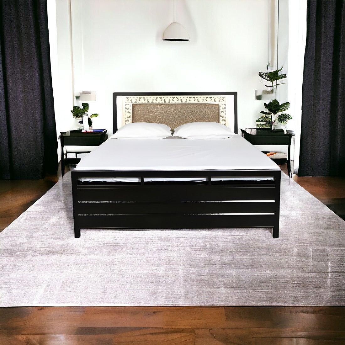 Kane Hydraulic Storage Metal Bed with Brown Cushion Headrest (Color - Black)
