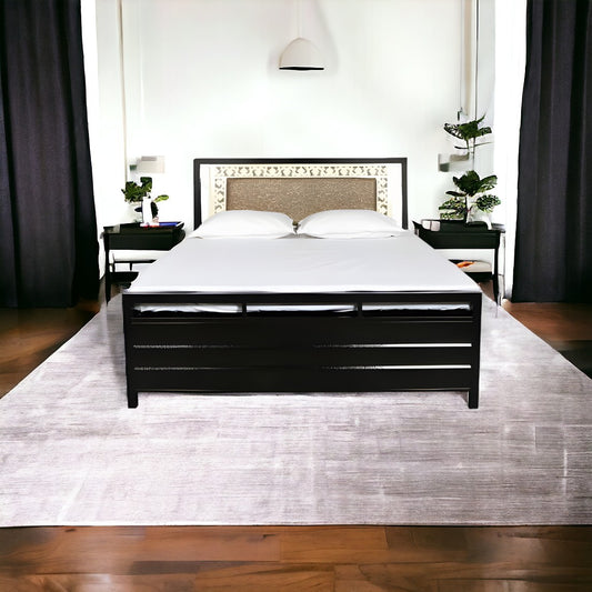 Kane Hydraulic Storage Metal Bed with Brown Cushion Headrest (Color - Black)