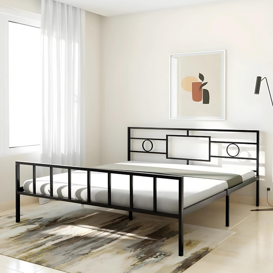 Leero Without Storage Metal Bed with Designer Headrest (Color - Black)