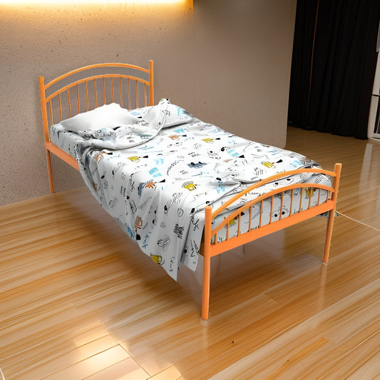 Liam Without Storage Metal Bed with Designer Headrest (Color - Orange)