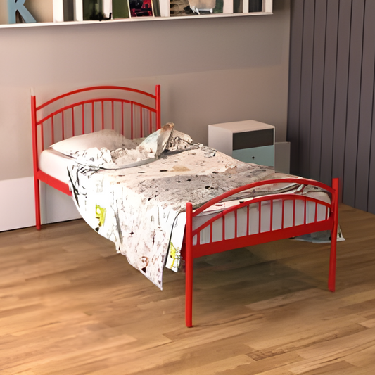 Liam Without Storage Metal Bed with Designer Headrest (Color - Red)