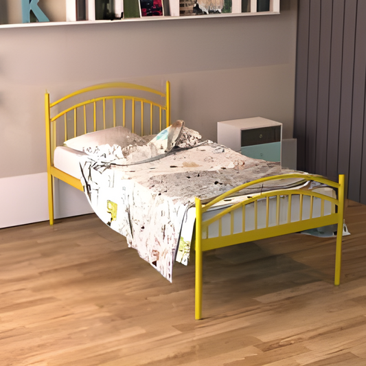 Liam Without Storage Metal Bed with Designer Headrest (Color - Yellow)