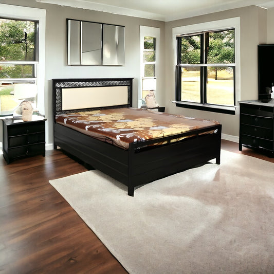 Luna Hydraulic Storage Metal Bed with White Cushion Headrest (Color - Black)