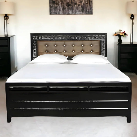 Luna Hydraulic Storage Metal Bed with Brown Cushion Headrest (Color - Black)