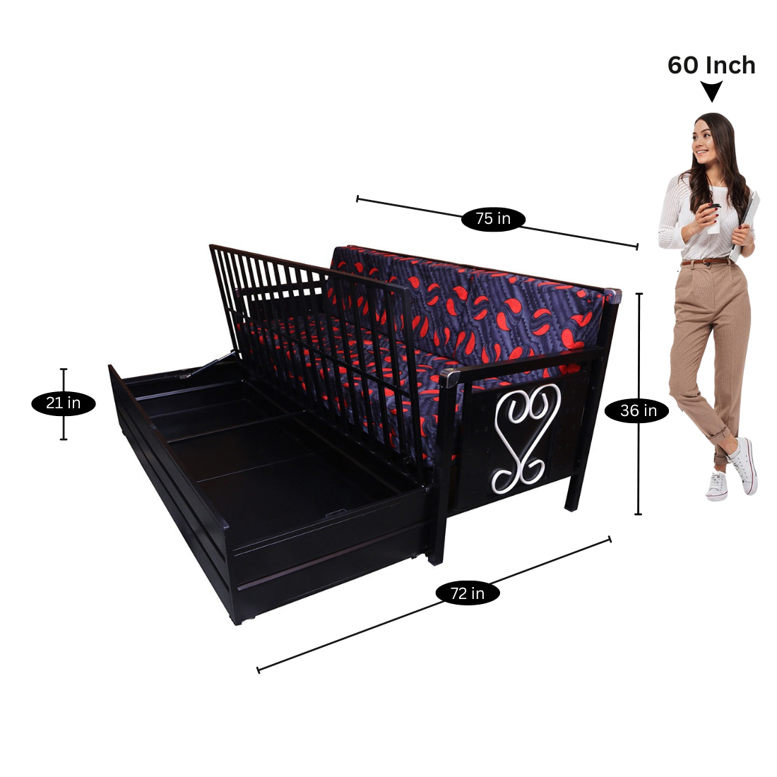 Black Maccow Hydraulic Storage Metal Sofa Cum Bed with Mattress & Pillow (Color - Muti)