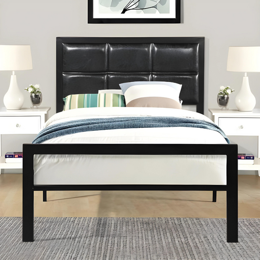 Millet Without Storage Metal Bed with Black Designer Cushion Headrest (Color - Black)