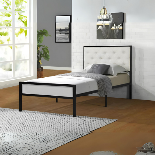 Millet Without Storage Metal Bed with White Designer Cushion Headrest (Color - Black)