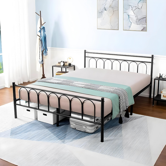 Milton Without Storage Metal Bed with Designer Headrest (Color - Black)