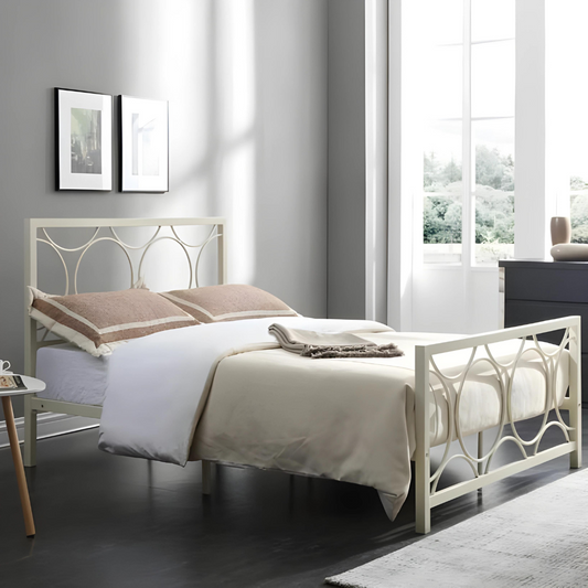 Oreoo Without Storage Metal Bed with Designer Headrest (Color - White)