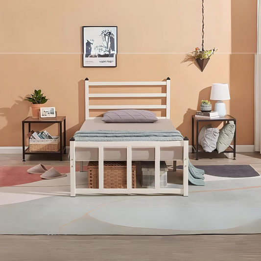 Patrick Without Storage Metal Bed with Designer Headrest (Color - White)