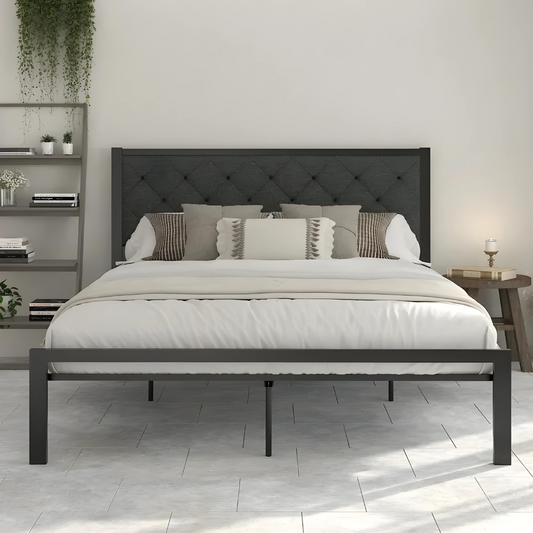 Rayan Without Storage Metal Bed with Designer Cushion Headrest (Color - Black)