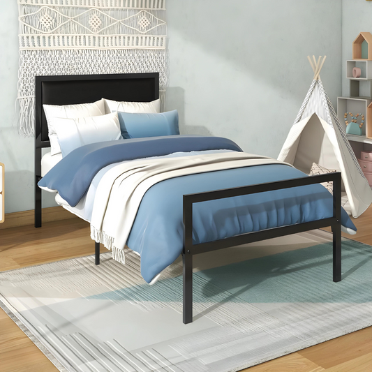 Robert Without Storage Metal Bed with Designer Cushion Headrest (Color - Black)