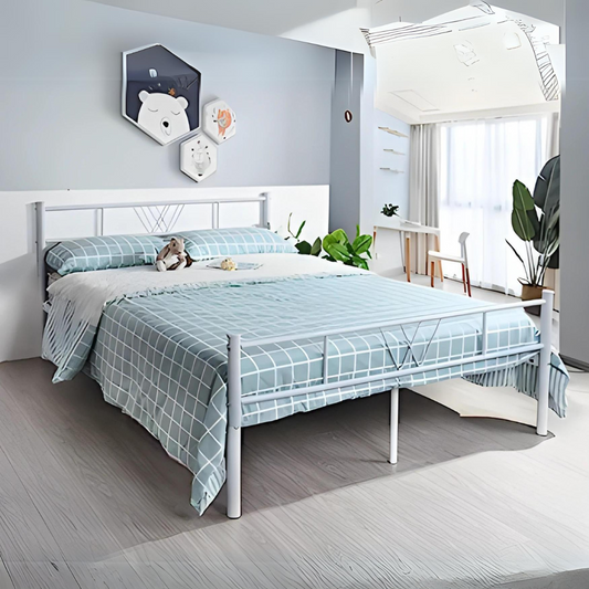 Scott Without Storage Metal Bed with Designer Headrest (Color - White)