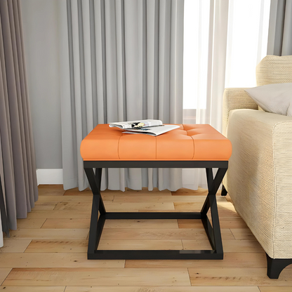 Della Black Ottoman Metal Stool with Orange Cushion