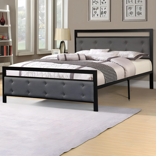 Snow Without Storage Metal Bed with Designer Cushion Headrest (Color - Black)