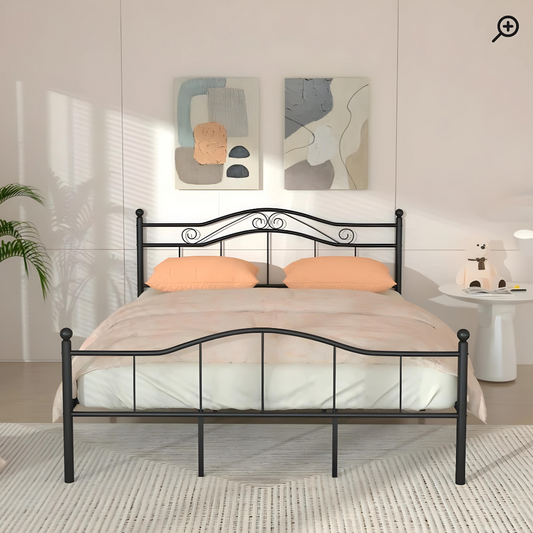 Stark Without Storage Metal Bed with Designer Headrest (Color - Black)