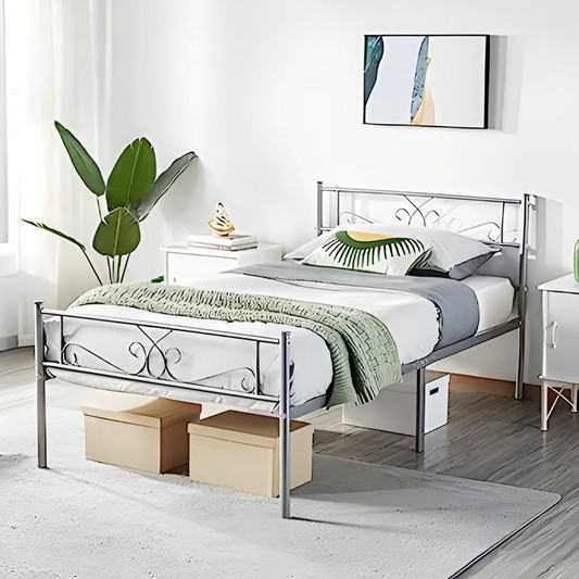 Amol Without Storage Metal Bed with Designer Headrest (Color - Silver)