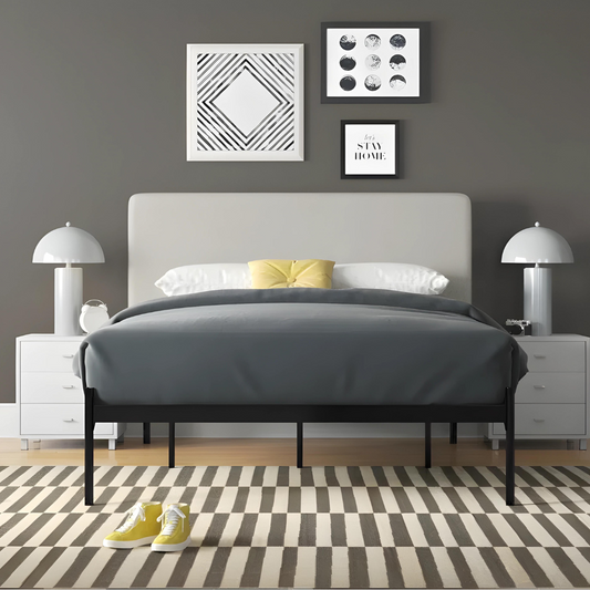 Thanos Without Storage Metal Bed with Grey Designer Cushion Headrest (Color - Black)