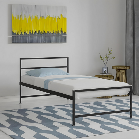 Trench Without Storage Metal Bed with Designer Headrest (Color - Black)