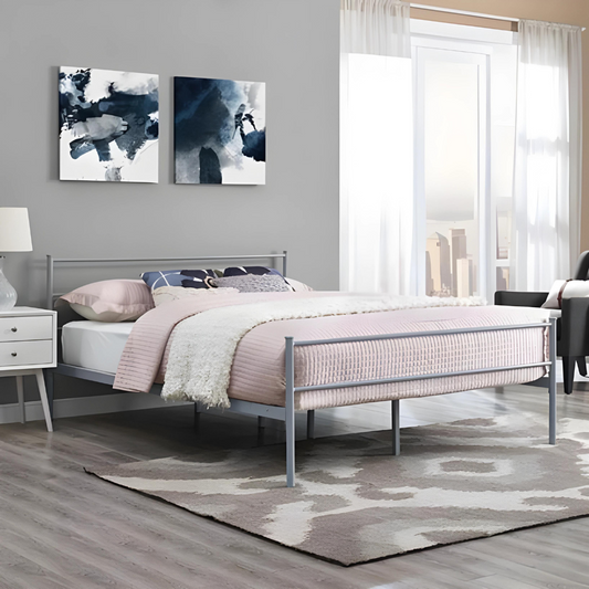 Ukrain Without Storage Metal Bed with Designer Headrest (Color - Grey)