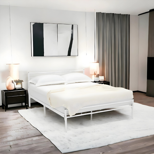 Ukrain Without Storage Metal Bed with Designer Headrest (Color - White)