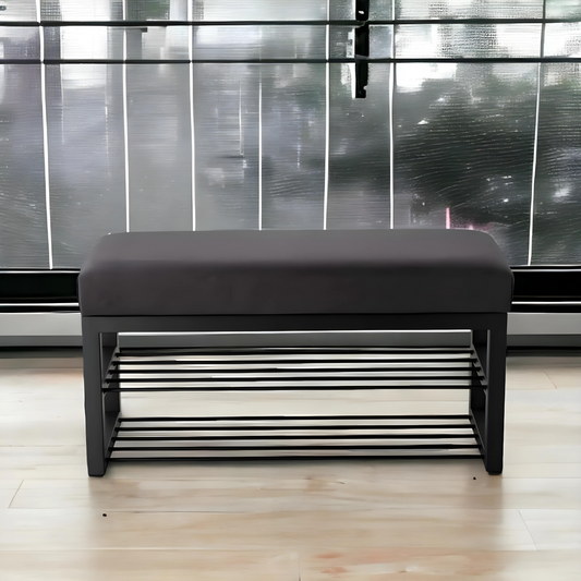 Piper Designer Black Ottoman Metal Bench with Black Cushion