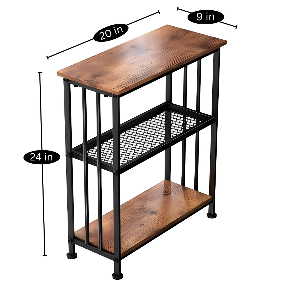 Metal Stand in Black Finish and Powder Coating with Brown Wooden Top and Bottom