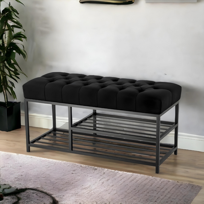 Fiona Designer Black Ottoman Metal Bench with Black Cushion